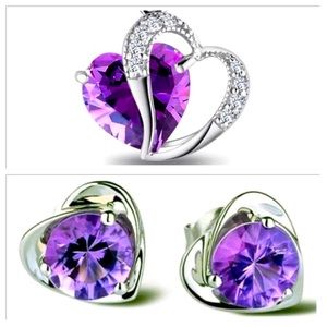 Three piece set. Amethyst crystal heart necklace and earrings.